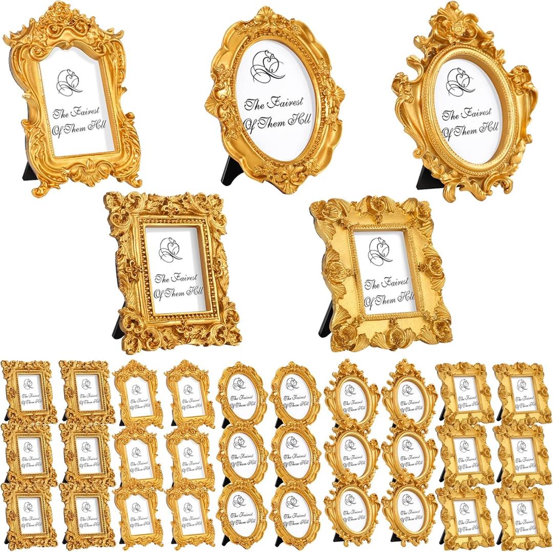 Maitys 40 Pcs Mini Picture Vintage Frames with Stands Tiny Antique Photo Baroque Ornate Resin Oval Frame Table Top Display Home Wedding Decor (Gold)