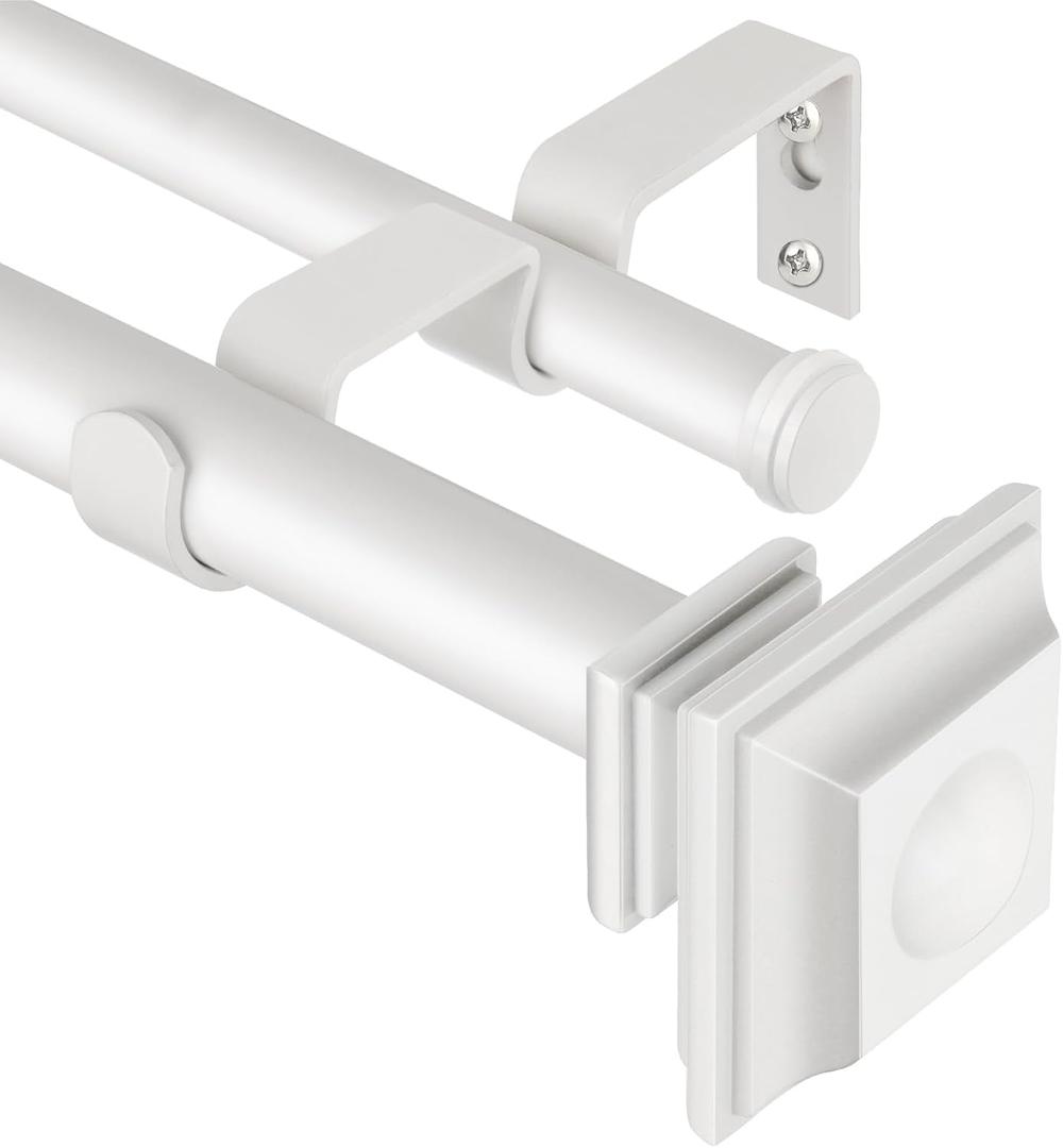 KAMANINA 1 Inch Double Curtain Rods 72 to 144 Inches (6-12 Feet) Adjustable Heavy Duty Drapery Rod for Windows 66 to 120, Square Ends, Ivory White