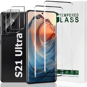 Galaxy S21 Ultra Screen Protector,2 Pack Tempered Glass Screen Protector with 2 Pack Camera Lens Protector,3D Full Coverage,9H Hardness,Support Fingerprint Unlock,Easy to install(6.8 Inch)