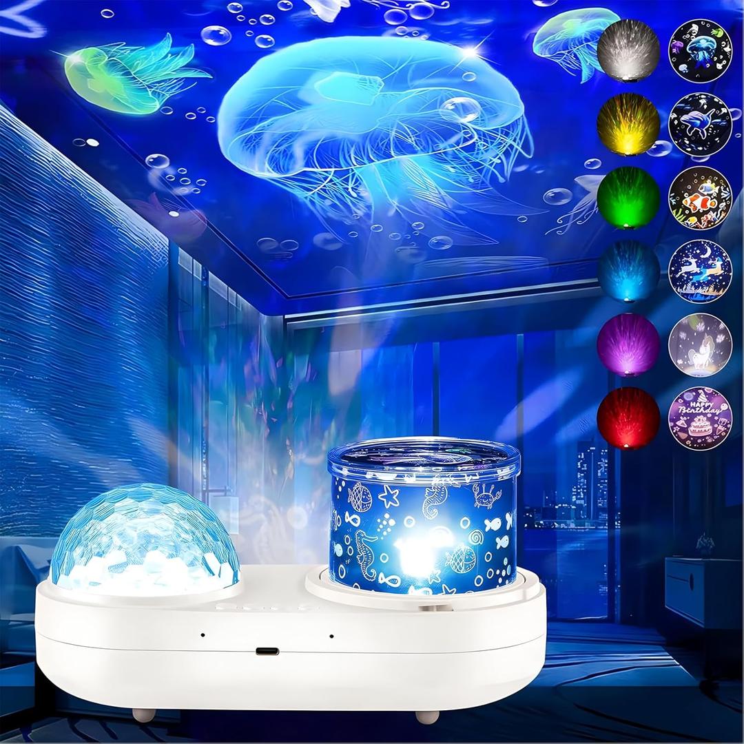 Ocean Kids Night Light Projector,360Rotating Jellyfish Lamp Projector with 7 Films & Timer Sensory Lights,Baby Toddler Bedroom Ceiling Projector, Birthday Christmas Gifts for Children Adults (Azul)