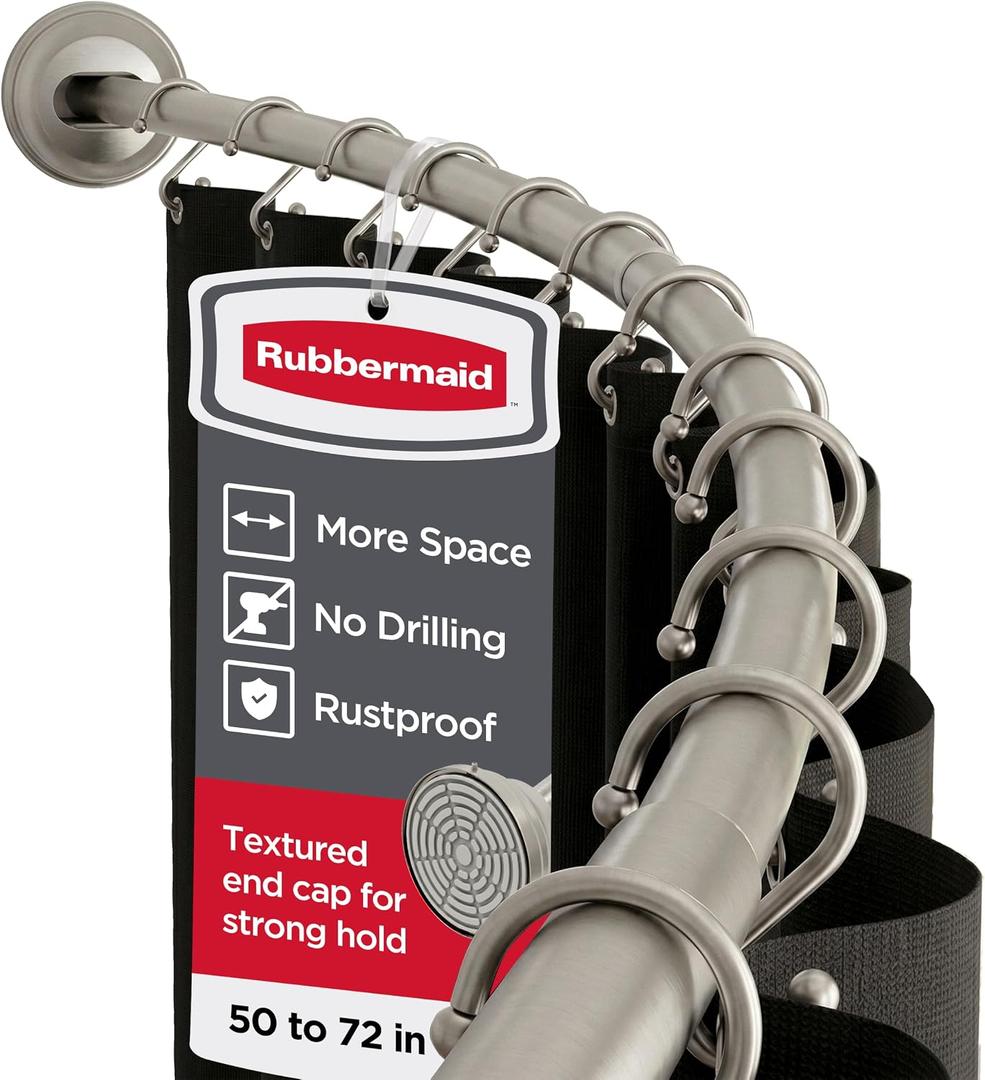 Rubbermaid Curved Shower Curtain Rod, No Drill, 50-72 Inches Adjustable Tension Shower Rod for Bathroom, Non-Slip, No Rust, Nickel