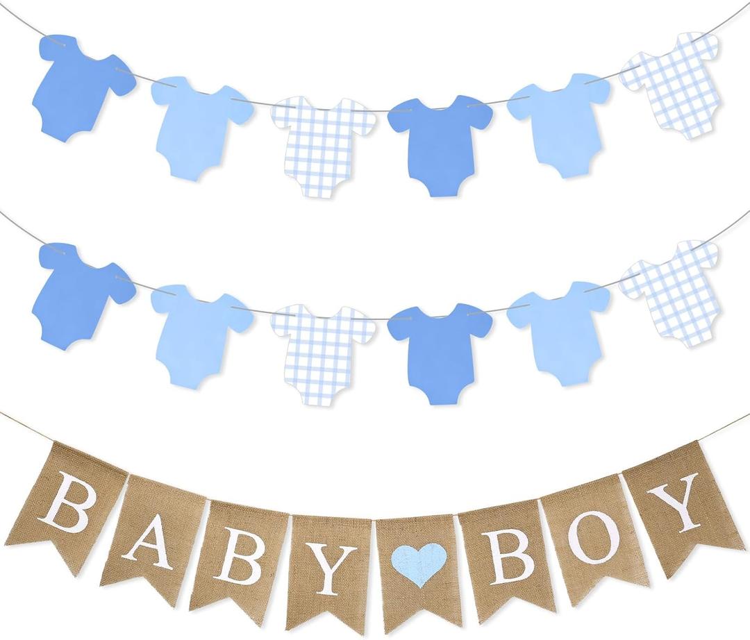 3 Pcs Baby Clothes Banner Blue Bodysuit Banner Boy Baby Shower Decorations Clothesline Banners for Gender Reveal Birthday Party Paper Decor Supplies