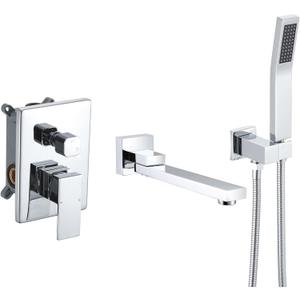 DASAN Swiveling Wall Mount Tub Filler Faucet Set with Hand Held Shower, Polished Chrome Modern Creative Bathtub Faucet Wall Mounted Bath Tub Faucet with High Flow Rough in Valve, SA-TF05WH-CH