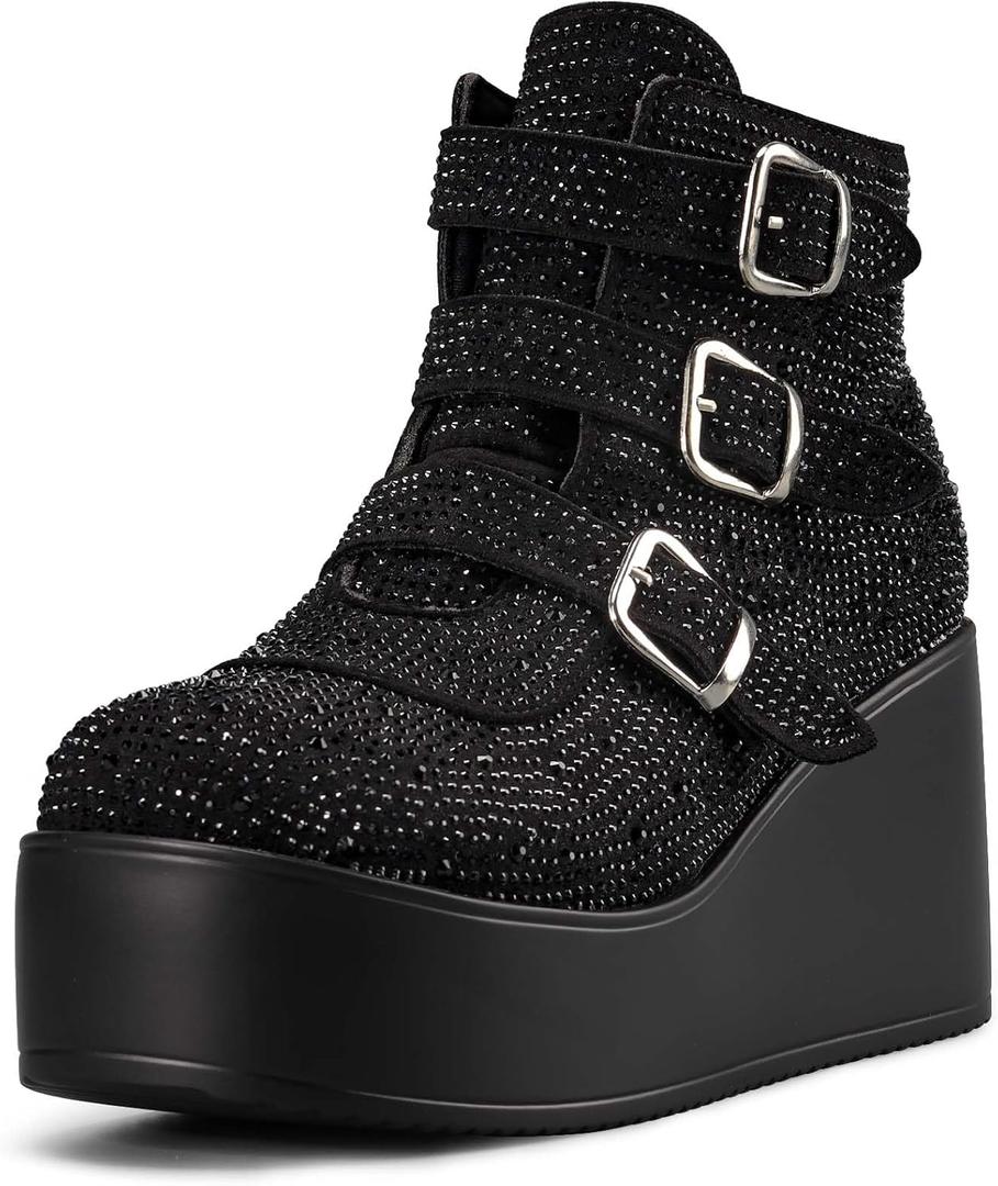 LUCKY STEP Women Platform Chunky Ankle Boots - Round Toe Zipper Wedges High Heels Rave Buckle Thick Sole Goth Booties (7, Black Rhinestone)