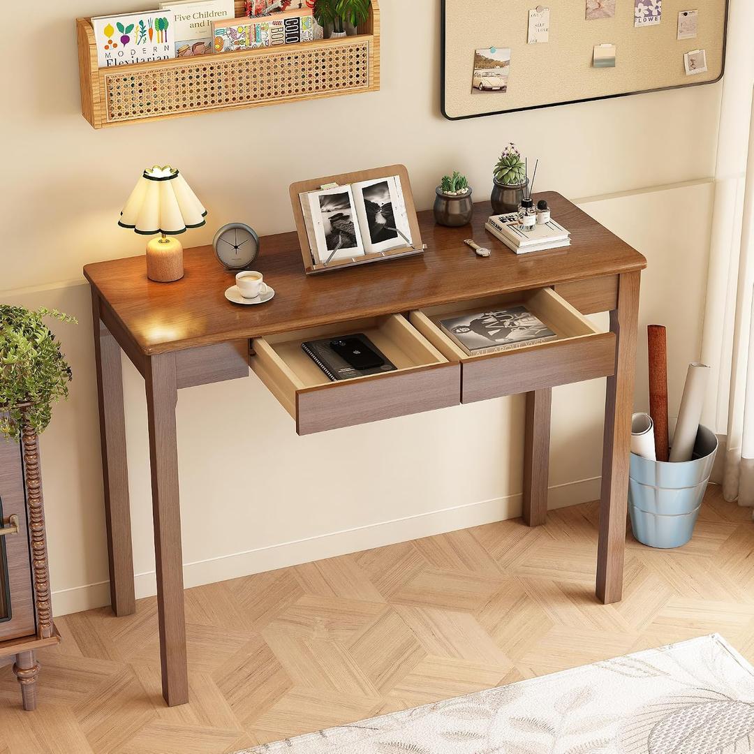 Solid Wooden Desk with Drawers - 39 x 16 Inch Narrow Desks, Rubberwood Mid Century Modern Desks, Small Writing Desk for Bedroom|Small Spaces - Walnut Color
