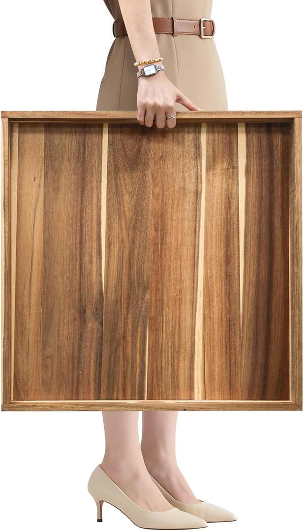 MAONAME Extra Large Square Ottoman Tray, 22" Acacia Wood Serving Tray for with Handles, Farmhouse Wooden Decorative Trays, Coffee Table Trays for Living Room, Countertop, Charcuterie