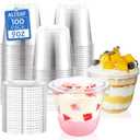 Dessert Cups with Lids - 9 Oz Plastic Cups with Lids Disposable Cups with Flat Lid No Hole for Cake,Ice Cream,Snacks Smoothie, Fruit, Dessert, Yogurt Parfait,Milkshake (100 Park)