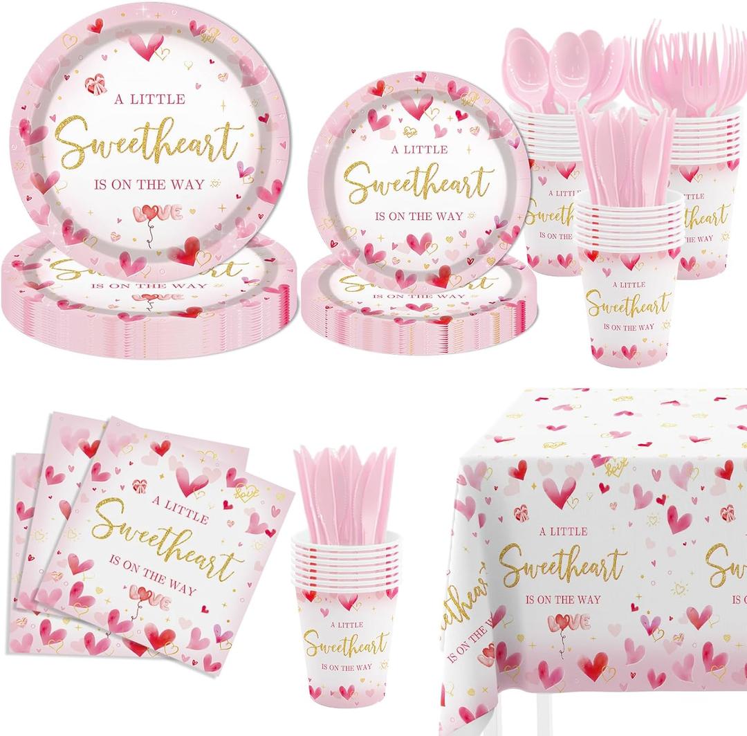 MEHOFOND Valentine's Day Baby Shower Decorations, A Little Sweetheart is On The Way Party Supplies Pink Heart Disposable Tableware Set 169Pcs Plates Napkins Plastic Tablecloth for Baby Shower Party