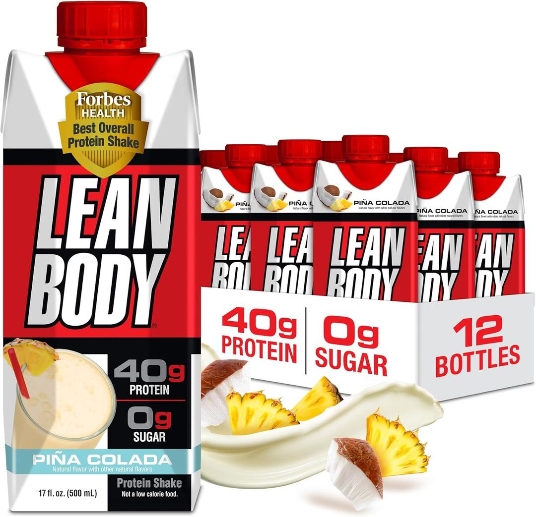 Lean Body Ready-to-Drink Pina Colada Protein Shake, 40g Protein, Whey Blend, 0 Sugar, Gluten Free, 22 Vitamins & Minerals, 17 Fl Oz (Pack of 12) (EXP 07/26/26)