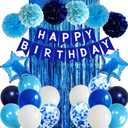 2 x Blue Birthday Decorations for Boys Men Happy Birthday Banner Balloons Navy Royal Light Blue Pom Poms Foil Curtain Dcor Royal Blue Birthday Decorations for Men Boy