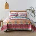 Boho Style Queen Quilt Set Reversible Bohemian Floral Strip Quilt Bedding Set, Soft and Lightweight Bedspread for All Season, Full Size Bed Coverlet with 2 Matching Pillow Shams (3 Pieces)