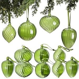 VitalCozy 12 Pcs 3.15 Inch Glass Christmas Ball Ornaments Large Vintage Hand Blown Hanging Glass Balls Retro Xmas Tree Finials Ornaments for Home Christmas Tree Party Holiday Wreath Decor(Green)
