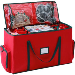 2-In-1 Christmas Decoration Ornament Organizer Box Movable Pallet Santas Bags Ornament Storage Containers, Holds 73 Holiday Ornaments, Adjustable Space For Figurines And Pockets For Decoration