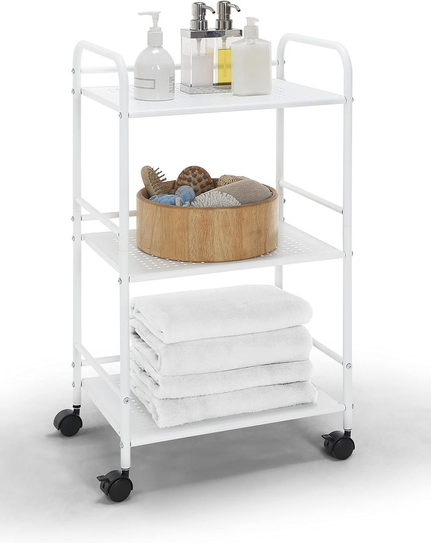 SunnyPoint 3-Tier Rolling Utility Cart  Metal Storage Organizer with Wheels, Mobile Kitchen Cart, Office & Home Organizer, White, 12" D x 16.92" W x 31.1" H