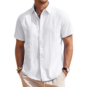 Mens Linen Shirts Short Sleeve Button Down Shirt Casual Cuban Guayabera Lightweight Summer Beach Solid Tops XL