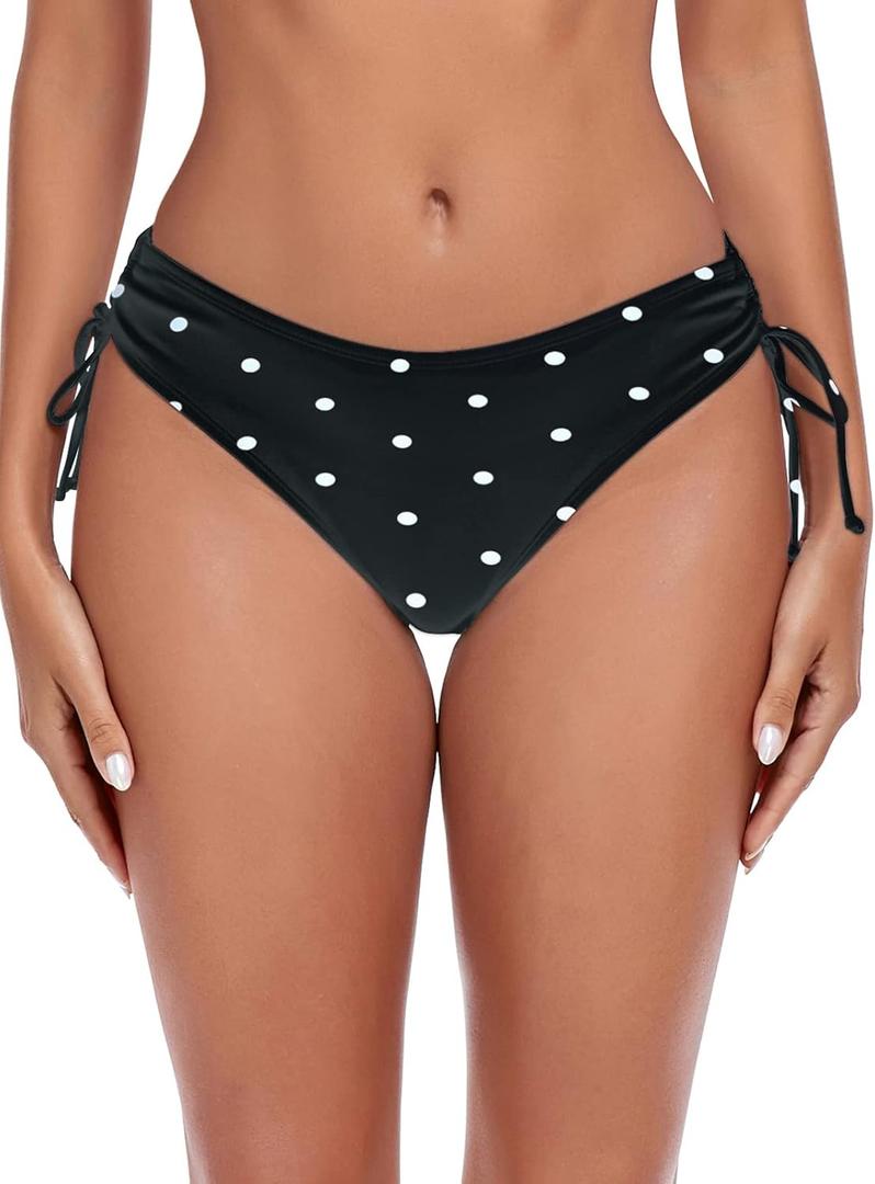 Ocean Blues Women's Full Coverage Swim Bottom Tie Sides Bikini Bottom (Medium, Black Polka Dot)