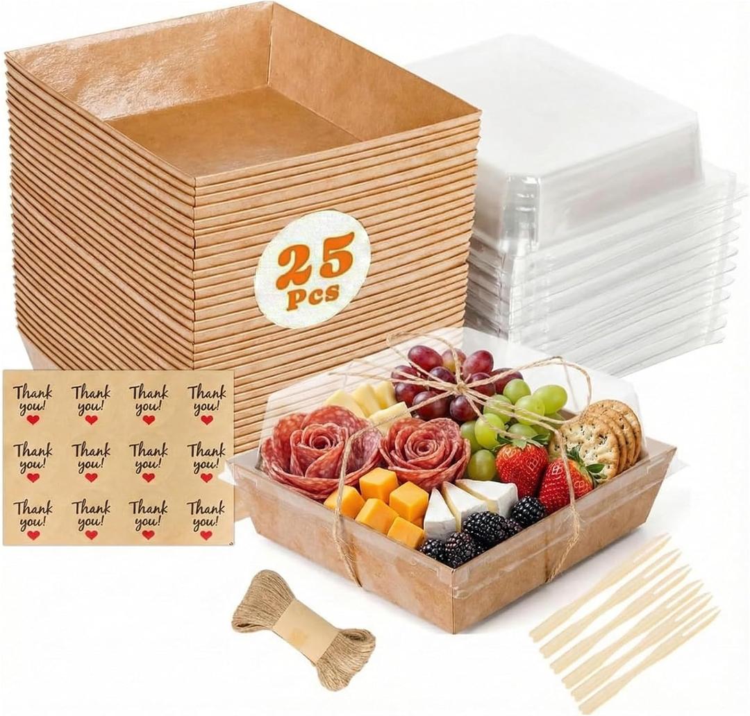 25 Pack Small Charcuterie Boxes with Clear Lids, Individual Mini Paper Charcuterie Board with Lid, Bakery To Go - Disposable Party Favor Boxes for Food, Sushi, Sandwich, Charcuterie Accessories (Wood)