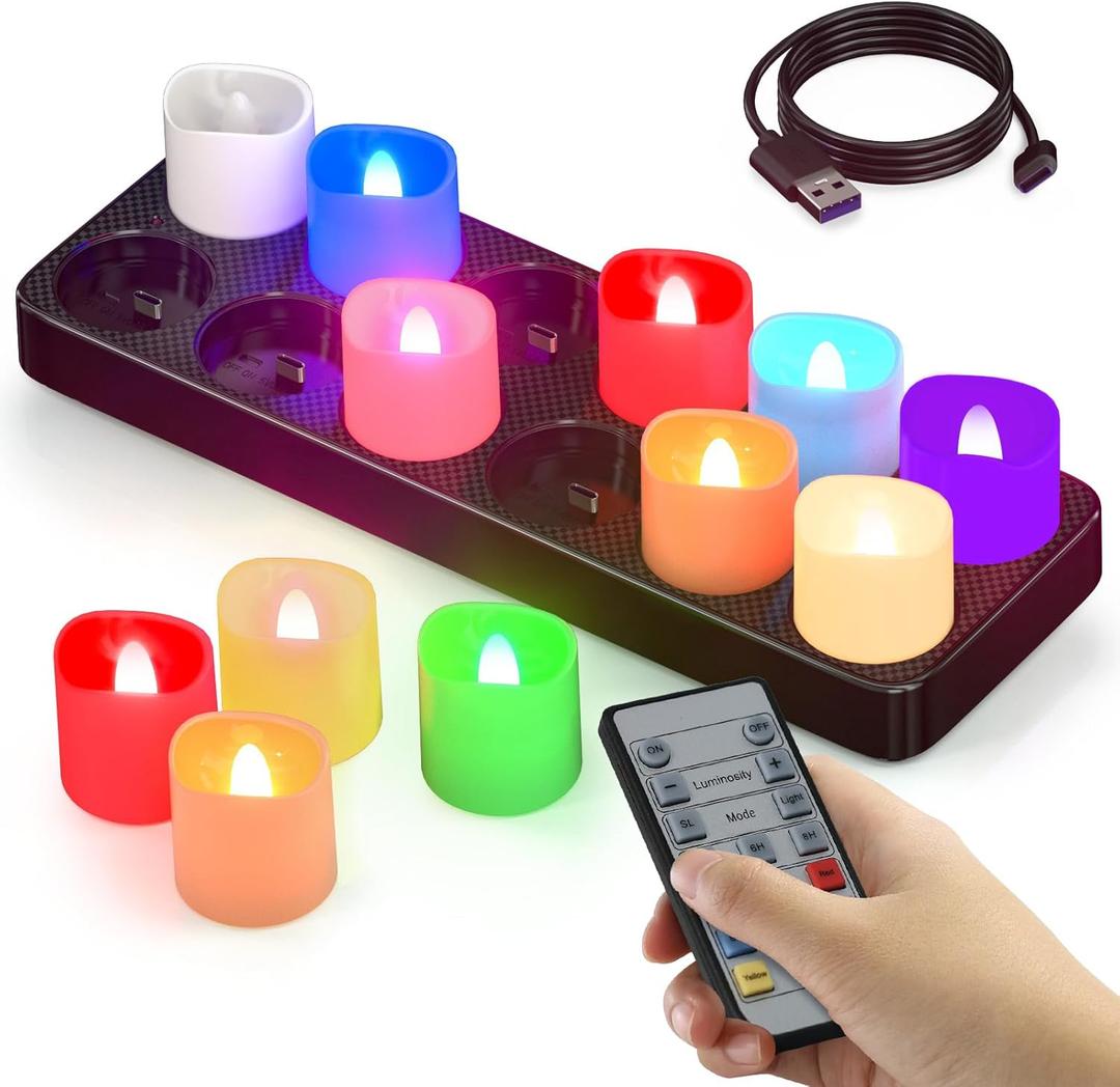 SoulBay Flameless Candles Color Changing Rechargeable, 12pcs LED Flickering Tea Lights Votives Candle with Charging Base & Remote Timer for Room Table Party Halloween Decorations, Multicolor, 1.57"