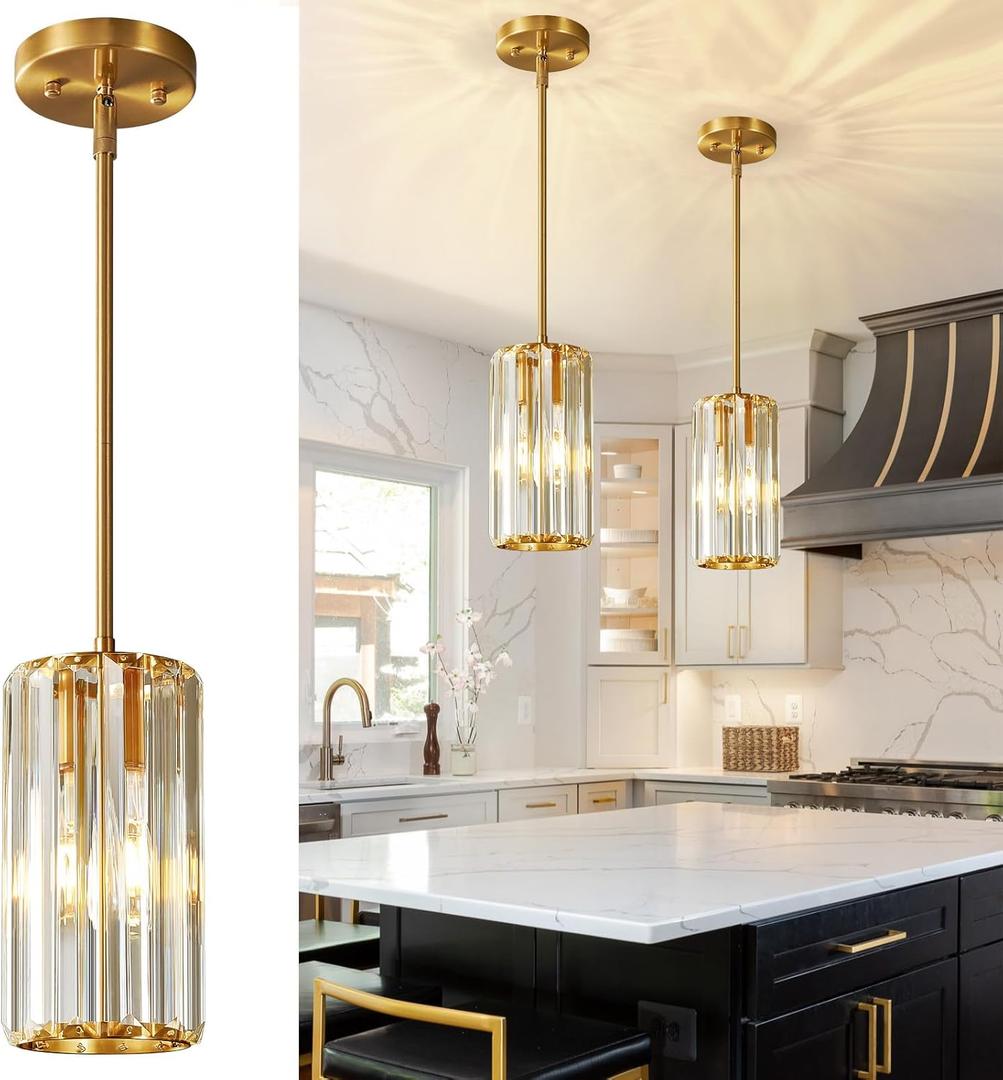 Gold Pendant Lighting Modern Pendant Light Mini Crystal Chandeliers Adjustable Pendant Light Fixture for Kitchen Island Dinning Room Corridor Bedroom(Gold 2-Pack), Round-2-Pack