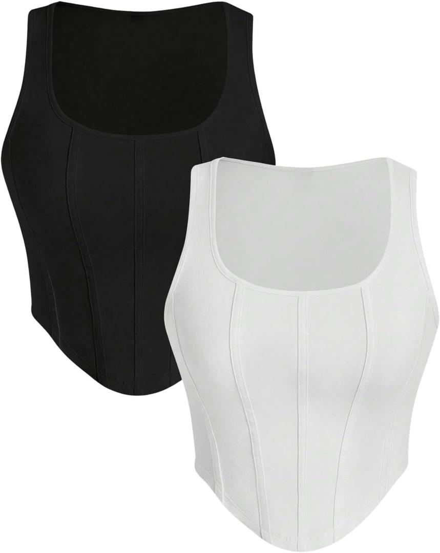 WDIRARA Women's 2 Pack Crop Bustier Corset Tank Top Sleeveless Square Neck Asymmetrical Hem Ribbed T Shirts (X-Large, Black and White)