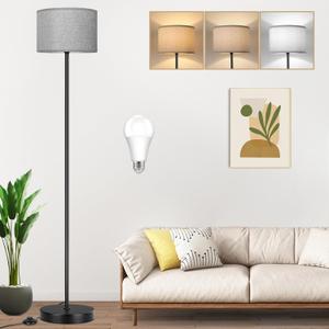 65 Tall Floor Lamp for Bedroom, Living Room Pole Floor Light with Grey Shade, Dimmable Standing Floor Lamp with 3-Color Changing LED Bulbs, Simple Design E26 Stand-up Lamp with Foot Switch