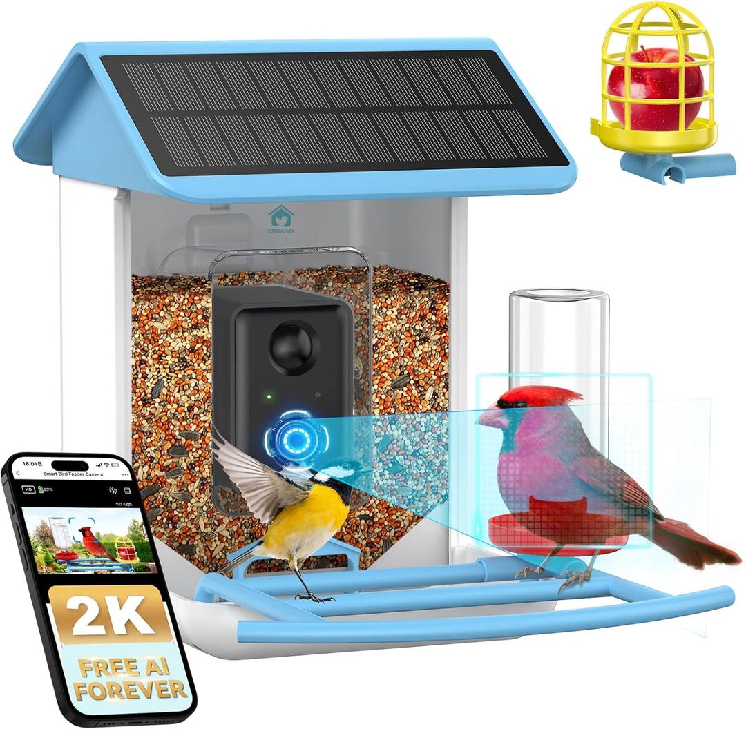 Bird Feeder with Camera No Subscription-Free AI Forever for 1,1000+ Birds Identification, 2K HD & 5MP Night Vision, Record Video Live View, 64GB Card, App Alerts, Gifts for Bird Lovers (Sky Blue)