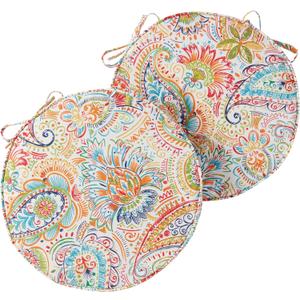 Set of 2 Outdoor 18 inch Round Patio Dining Chair Pads  Comfortable Fiber-Filled Seat Cushions with Ties, Reversible Polyester Fabric - Jamboree Paisley