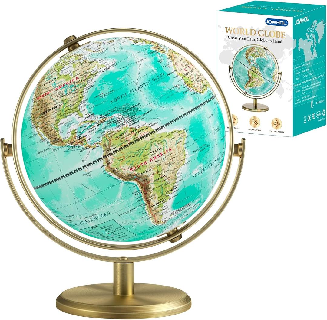8'' World Globe with Gold Stand 720 Rotating, Kids Adults Student Geography Educational, Desk Globe Decorative Office Classroom, Unique Birthday Christmas Gifts (Elegant Turquoise)