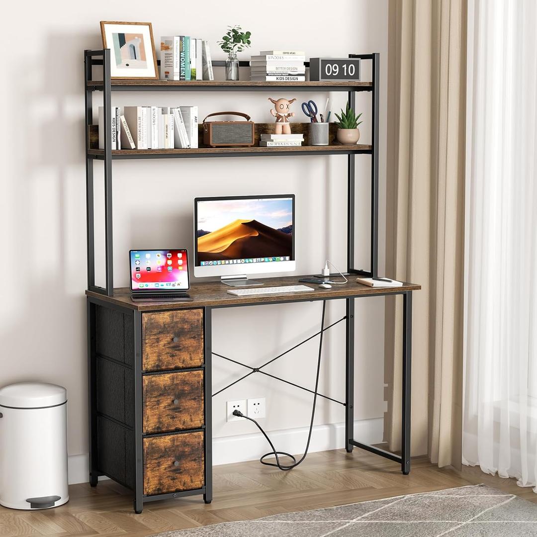 Aquzee 47" Computer Desk with 3 Drawers, Desk with Hutch and Power Outlets, Size: 47inch, 2 Tiers Hutch and 3 Drawers Storage Options