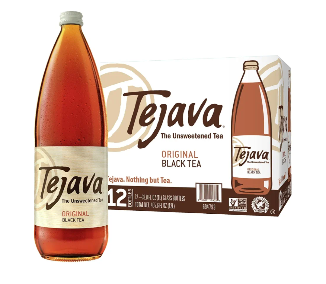 Tejava Original Unsweetened Black Iced Tea, 12 Pack, 1 Liter Glass Bottles, Non-GMO, Kosher, No Sugar or Sweeteners, No calories, No Preservatives, Brewed in Small Batches, Best By 05/20/27