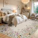 Wonnitar Washable 8x10 Rug, Non-Slip Soft Floral Rugs for Living Room, Ultra-Thin Large Bedroom Rug, Botanical Area Rug Floor Carpet for Dining Table (Beige,8'x10')