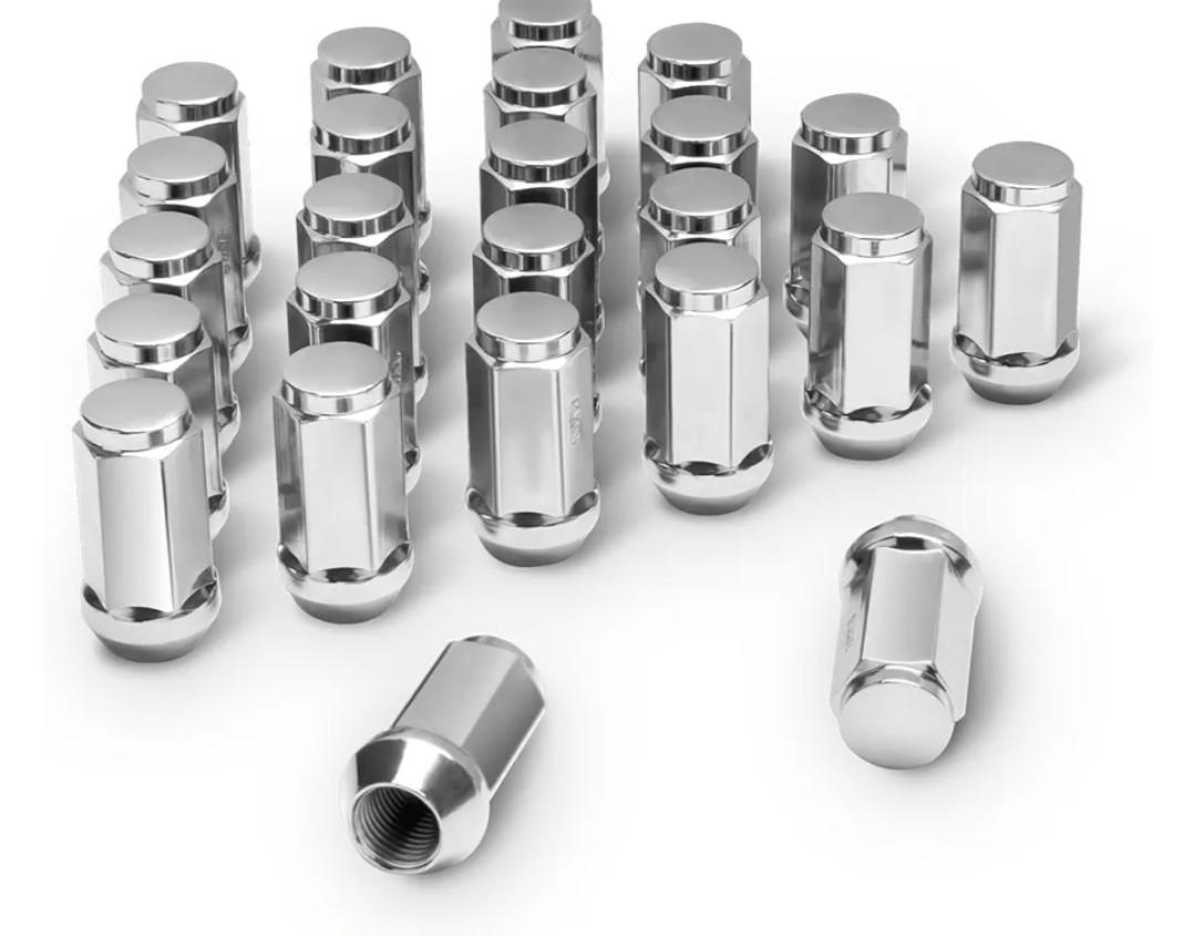 Dynofit 14mmx1.5 Lug Nuts Compatible with Chevy GMC Ford Ram 1500 Aftermarket Wheels, M14x1.5 Chrome Tuner Wheel Nuts fit Silvarado Sierra F150, One Piece Design Skinny Closed End Nuts (24pcs)