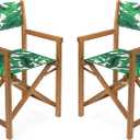 JONATHAN Y Cukor Coastal Acacia Wood Folding Outdoor Director Chair Set of 2 for Patio, Deck & Balcony, Weather-Resistant Teak Brown and Green/White, No Assembly Required DRC1001A-SET2