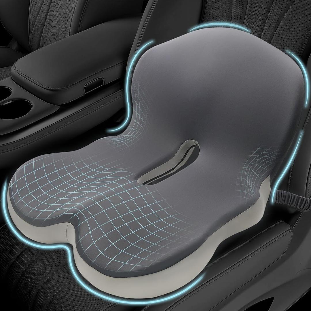Memory Foam Seat Cushion for Sciatica & Back Pain Relief - Ergonomic Chair Pad with Adjustable Strap & Supportive Comfort Cover, Non-Slip for Car, Truck, Office Chair - Dark Gray&Light Gray, One Size