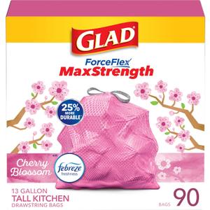 Glad Tall Kitchen Trash Bags 13 Gallon, MaxStrength Cherry Blossom Garbage Bags, Drawstring, 90 Count