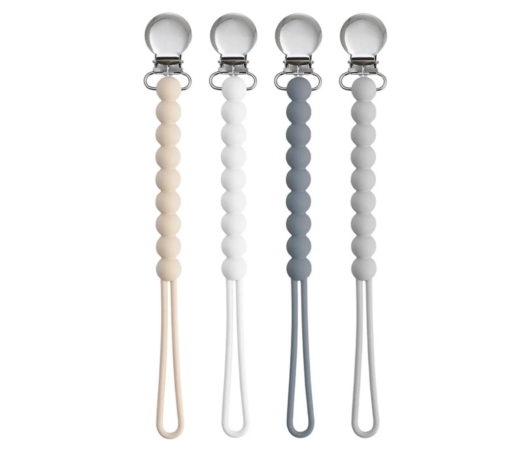 Pacifier Clip for Boys Girls - MORIBOX 4 Pack Paci Clip Soothie Baby Binky Holder for Shower Gift Birthday (Beige+White+Dgrey+Lgrey)
