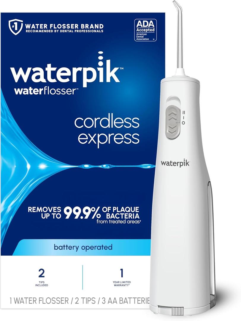 Waterpik Cordless Express Water Flosser, Battery Operated & Portable for Travel & Home, ADA Accepted, Waterproof for Shower Use, White WF-02, 
