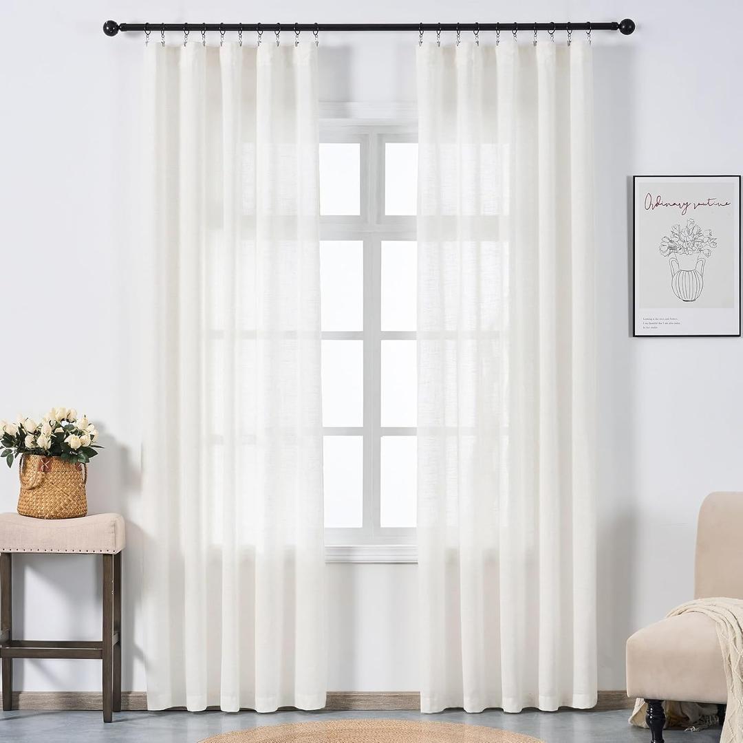 Neutral Linen Semi Sheer Curtains 96 Inches Long, Cream Light Filtering Sliding Glass Door Curtains & Drapes, Modern Farmhouse Window Panels, Pinch Pleat Ceiling Curtain with Hooks (50"W x 96"L (Pack of 2))