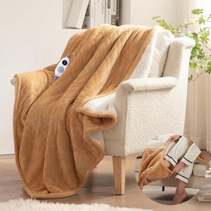 Westinghouse Electric Blanket with Foot Pocket for Adults, Ultra Soft Flannel to Sherpa Heated Throw with 6 Heating Levels & 210 Hours Time Settings, Fast Heating & Machine Washable, 50x62, Brown