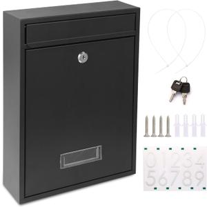 Mailboxes for Outside, Wall Mount Locking Mailbox, Security Mailbox with Lock Key and Three Sets 0-9 Mail Box Numbers, Large Capacity Steel Cover Metal Postbox for Outdoor, 13.8X 10.8X 3.25 Inch Black