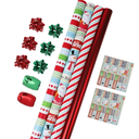 LaRibbons Christmas Wrapping Paper Roll with Cutlines, Polka Dot & Stripe Design with Gift Bow & Ribbons & Tags, Perfect for Christmas, Holiday Party, 30 Inch X 10 Feet (4Rolls, 100 sq.ft.ttl.)