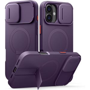 SURITCH for iPhone 16 Plus Case with Magnetic Camera Slide Cover and Adjustable Kickstand, Compatible with MagSafe, Shockproof Bumper Case Slim Protective Cover for iPhone 16 Plus 6.7 Inch,Dark Purple