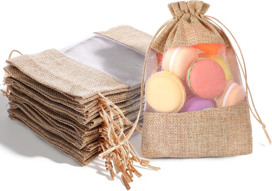 Bruislard 12 Pack Burlap Drawstring Gift Bags 5''x7'' Burlap Gift Favor Bags Organza Sheer Pouches with Drawstring Treat See Through Bag for Wedding Party Favors Jewelry Crafts