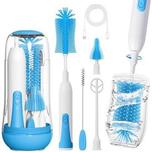 Electric Bottle Brush Cleaner, Portable Rechargeable Baby Bottle Cleaner Kit for Travel with Silicone Nipple & Straw Brush, Drainage Rack, Storage Box(Sky Blue)