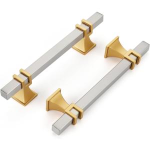 Haliwu 10 Pack Brushed Nickel Cabinet Pulls, 3-3/4 inch Silver&Gold Kitchen Handles, Square Dresser Drawer Hardware