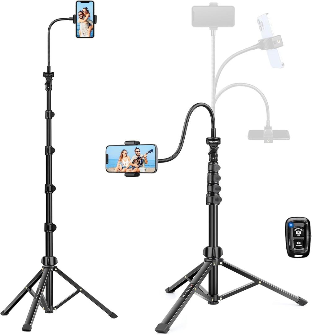 Phone Tripod Stand, 85" Tall Cellphone Tripod for iPhone with Gooseneck Remote, Flexible Portable Phone Stand for Recording, Compatible with iPhone 14 13 12 pro Android Camera (Black)