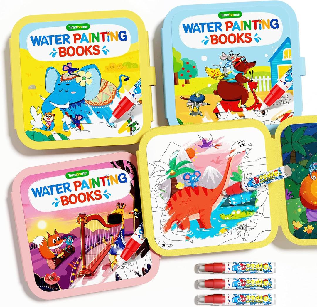 Timetome Reusable Water Painting Book for Kids - 3 Pack Magic Watercolor Books with Water Pen Fairy Tale, Animal & Dinosaur Themes | No Mess Paint & Reusable Fun for Ages 3+
