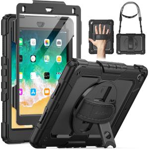 SEYMAC for iPad 6th/5th Generation Case 9.7 Inch, Full-Body Shockproof Heavy Duty Protective Case with Screen Protector, Rotating Stand/Hand/Shoulder Strap for iPad Air 2/ Pro 9.7, Black