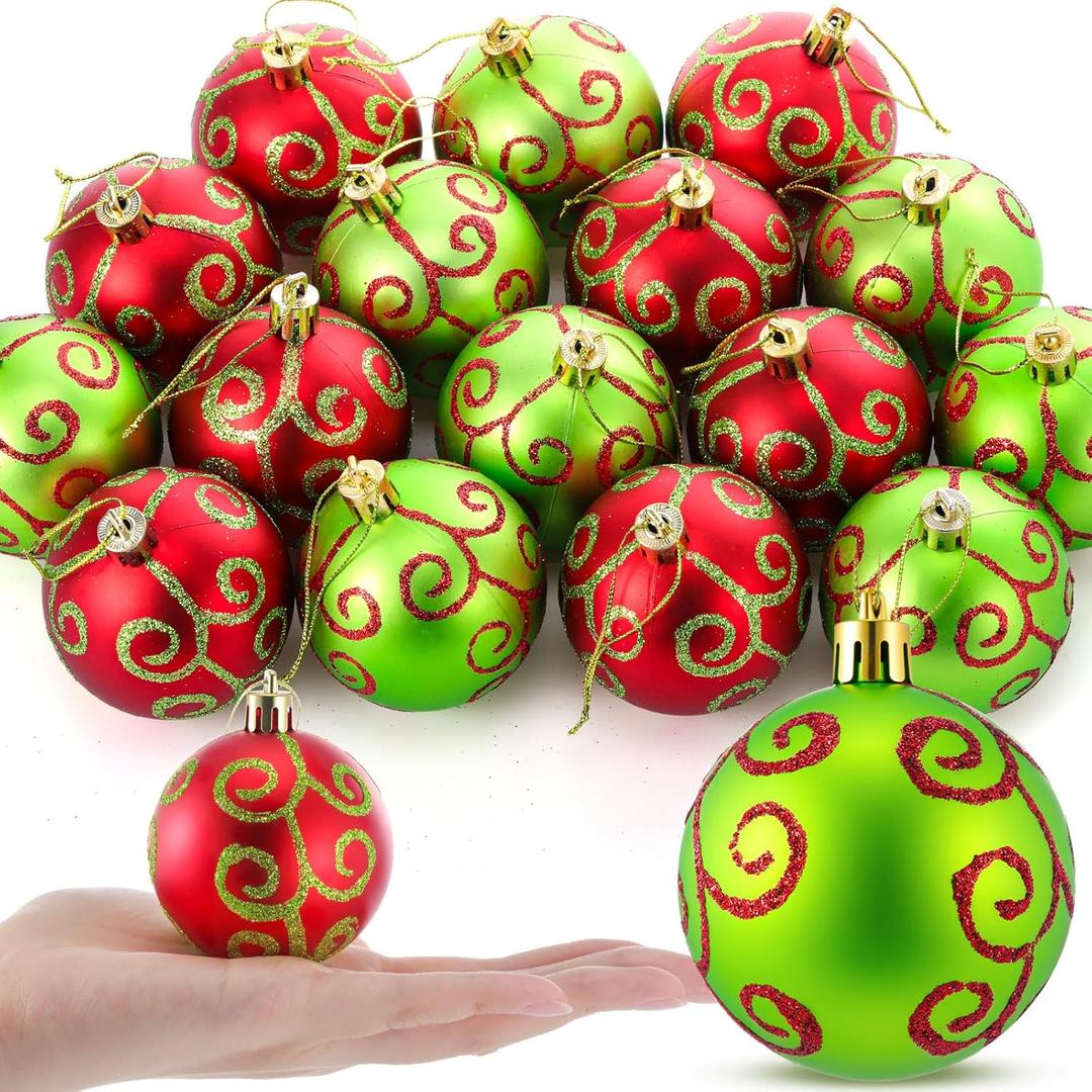 Syhood 24 Pcs Red Green Christmas Ball Ornaments, 2.4 Inch Glittering Plastic Hanging Decorations for Christmas Tree, Shatterproof Christmas Tree Balls for Xmas Wedding Party Decorations(Striped)