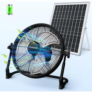 14" Portable Battery Operated Solar Fan, Rechargeable Floor Fan, Hi-Velocity Cordless Camping Fan, USB Phone Charge, 12-60H Runtime, Quiet, Wireless, For Travel Shed Outdoor Home Garage Tent Car Barn